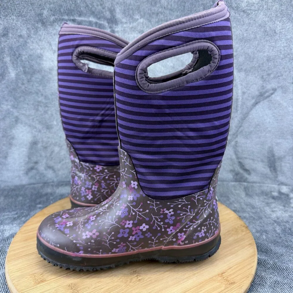 Bogs Boots Girls Size 2 Purple Floral Classic Waterproof Winter Snow 71560-540
